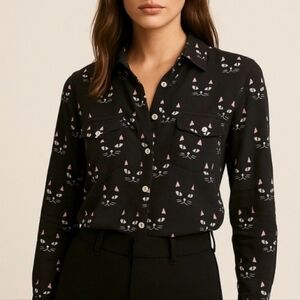 ☆ SOLD Anthropologie Maeve Black Cat Conversationalist Button-Down Shirt Size 12